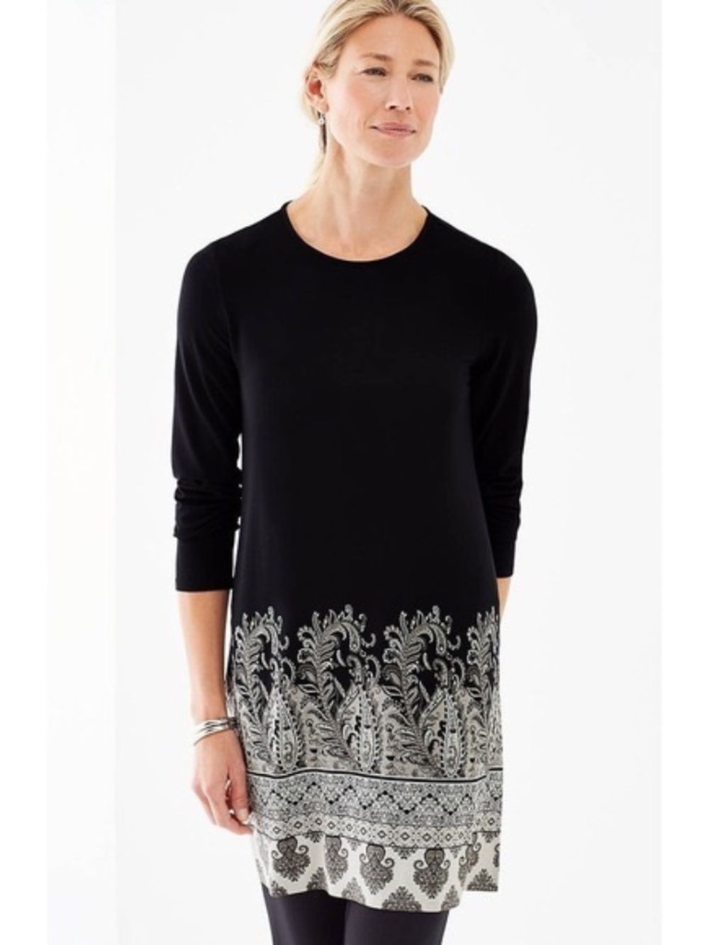 J. Jill Wearever Collection Long Sleeve Paisley Border Side Slit Tunic XL Black